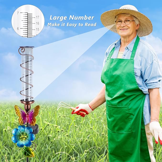 Rain Gauge Outdoor, Solar Rain Gauges for Yard, Freeze Proof Rain Gauge with 7" Plastic Tube, Butterfly Metal Decorative Garden Stake with Led Light, Blue