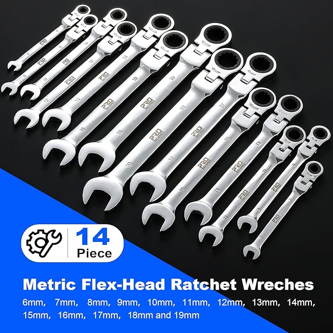 Prostormer 14-Piece Metric Flex-Head Ratcheting Wrench Set, 6-19mm Combination Wrench Kit with Storage Case, 72 Tooth, Cr-V Steel Constructed