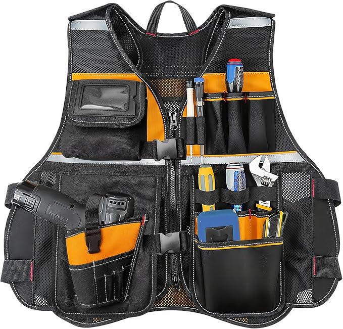Electrician Tool Vest for Men, Tool Vest Electrician with Molded Drill Holster, 1680D Heavy Duty Adjustable Work Vest, Reflective Workwear with 16 Storage Spaces (Orange)