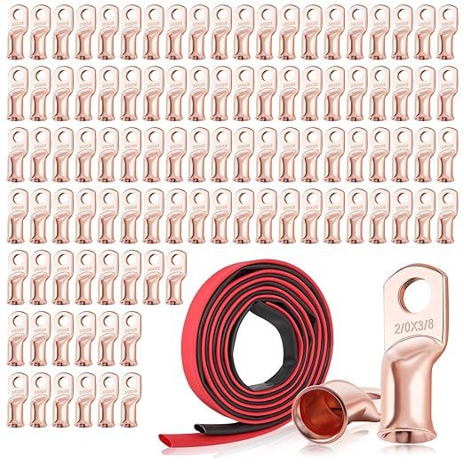 XHF 100PCS 2/0 AWG-3/8 Heavy Duty Battery Lugs with 3:1 Heat Shrink Tubing, Ring Terminals Battery Cable Ends Copper Eyelets Electrical Battery Connectors