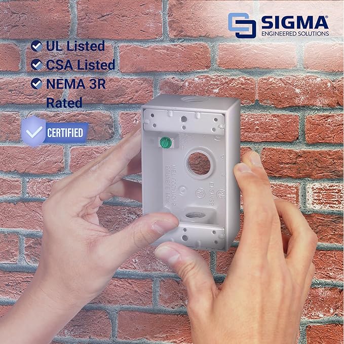 SIGMA ENGINEERED SOLUTIONS 14250WH Metal Electrical Outlet Box, Weatherproof, Easy Mount Plug and Receptacle Protector, White, (3) 1/2-Inch Holes, 1 Gang Box