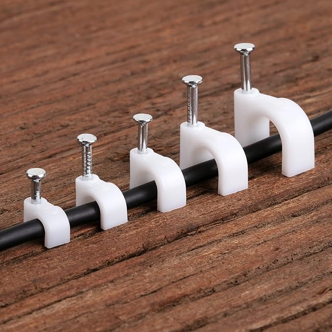 Bates Cable Clips with Steel Nails - White, 360 pcs, 4mm-10mm, Universal Cable Clips