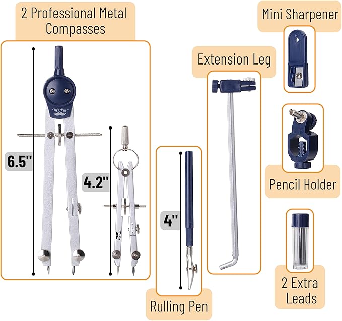 Mr. Pen- Professional Geometry Set Metal Compass, 7 pcs, Geometry Precision Tool Set with Shatterproof Storage Box, Drafting Tools & Drafting Kits