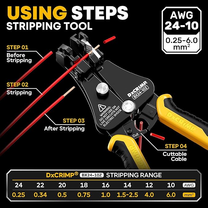 Crimping Tool Kit, 36-Type Open Spade & Quick-Disconnect Connector Set (2.8/3.9/4.8/6.3 mm) Non-Insulated Terminals with Wire Stripper, 24–14 AWG Ratcheting Crimper, for Auto, Appliance, DIY