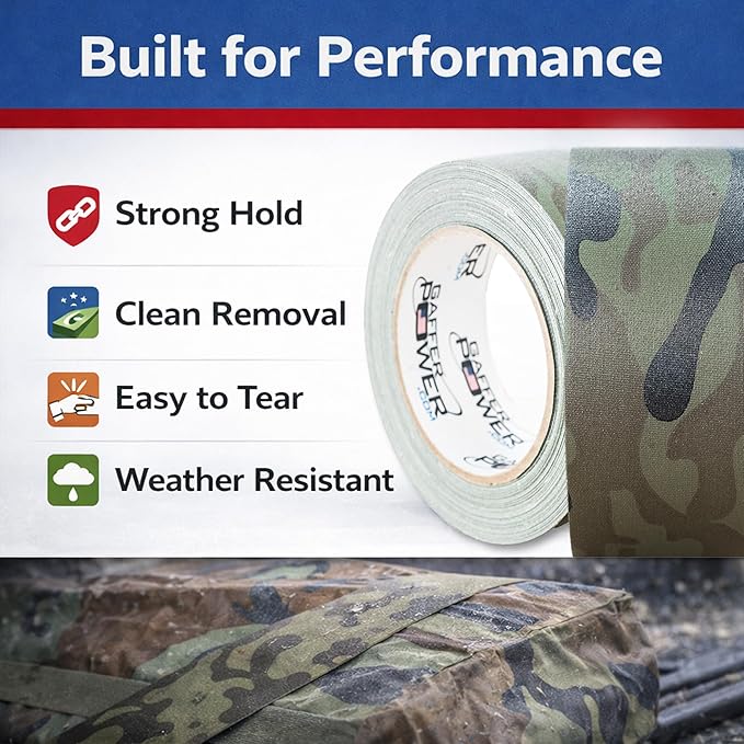 Gaffer Power Army Green Camo Gaffer Tape – Professional Grade, Made in USA, Non-Reflective Matte Cloth Tape, Heavy Duty, Easy Tear, Residue-Free – 2 Inch x 25 Yards