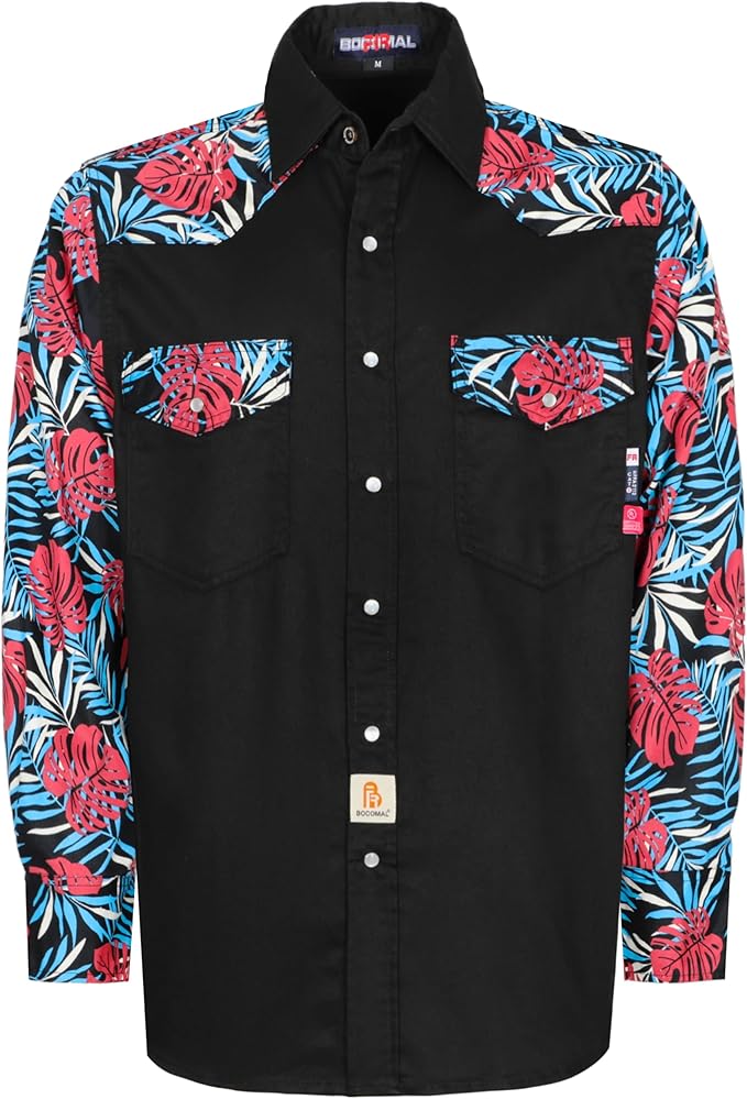 BOCOMAL FR Shirts Pearl Snaps Two Tone Plaid/Solid Flame Resistant Cotton Welding Shirt NFPA 2112 CAT 2