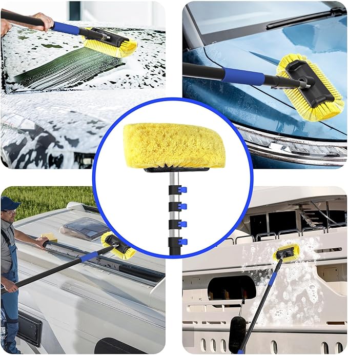 26Ft Reach Car Wash Brush with Long Handle, Car Cleaning Brush 12-Inch Soft Bristles, 5-20Foot Aluminium Telescoping Pole for Scratch-Free Cleaning RV, Car, Boats, Truck, Floors, Solar Panels