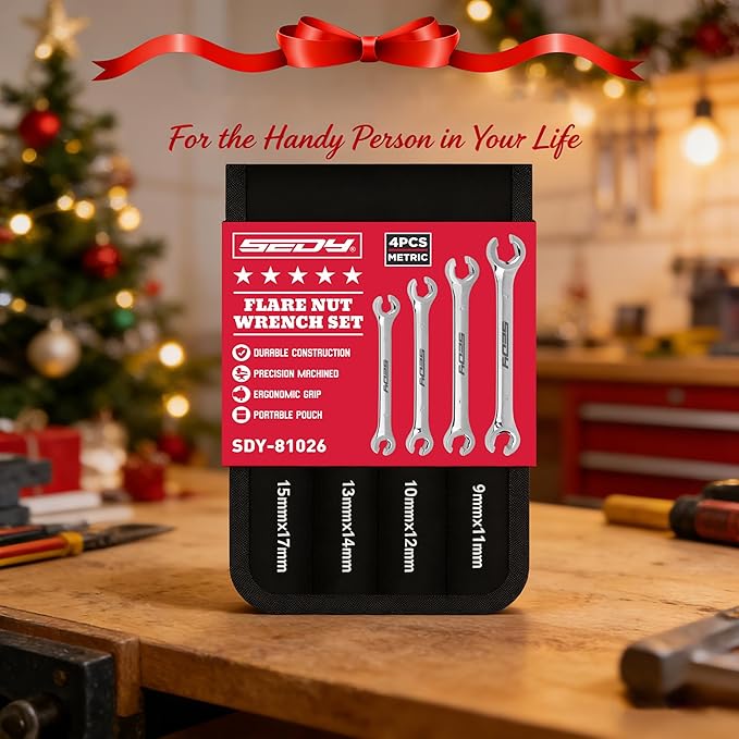 SEDY 4-Piece Flare Nut Wrench Set, Offset End Spanner Metric 9 10 11 12 13 14 15 17mm, CR-V Steel Storage Pouch Repair and Remove Nuts on Fuel Tube Hose Transmission Line