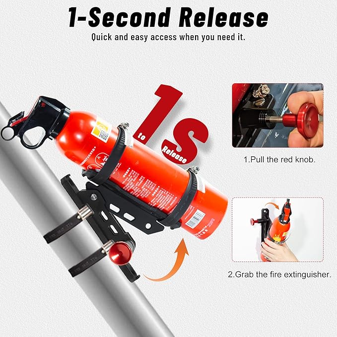 Quick Release Fire Extinguisher Mount with 10 Clamps- Universal Fit Roll Bar & Wall Mount Bracket Holder Adjustable Mounting for UTV Motorcycle Compatible with Jeep Wrangler Polaris RZR Ranger ATV