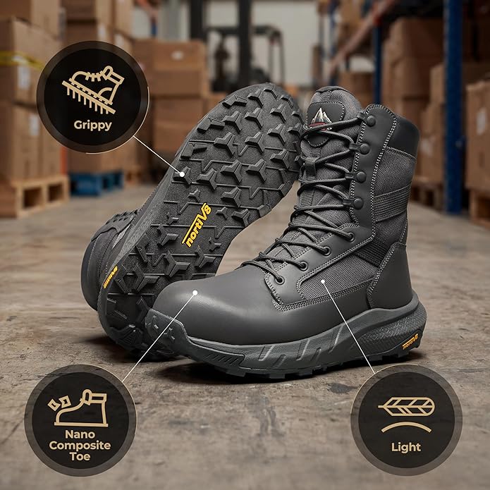 NORTIV 8 Men's 8" Composite Toe Work Boots, Lightweight Side Zipper ASTM F2412-24 & ASTM F2913-24 Safety Military Boots for All-Day Comfort, Peakforce-Nano