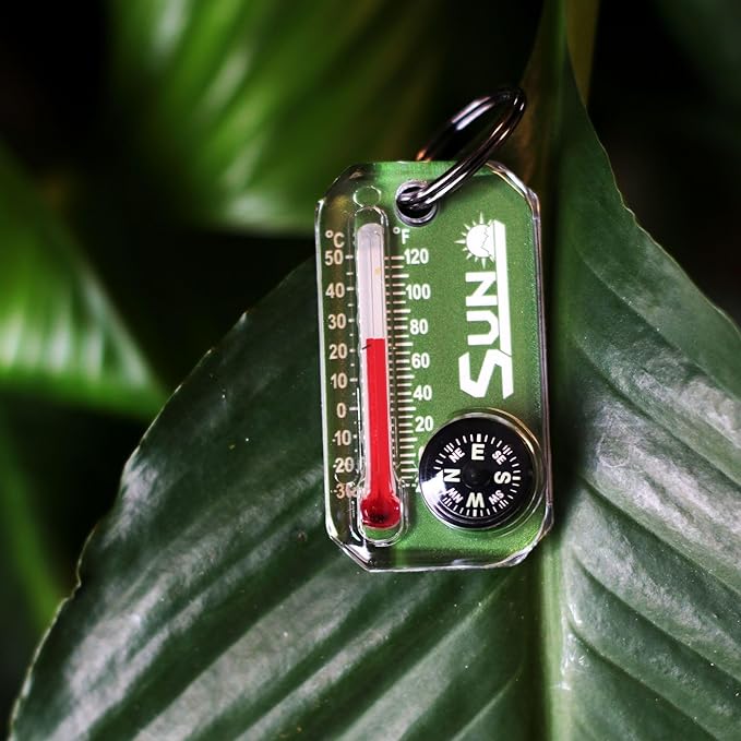 Sun Company Therm-o-Compass | Multi-Functional Zipper Pull Compass & Thermometer with Wind Chill Chart | Ideal for Camping, Hiking, and Outdoor Navigation