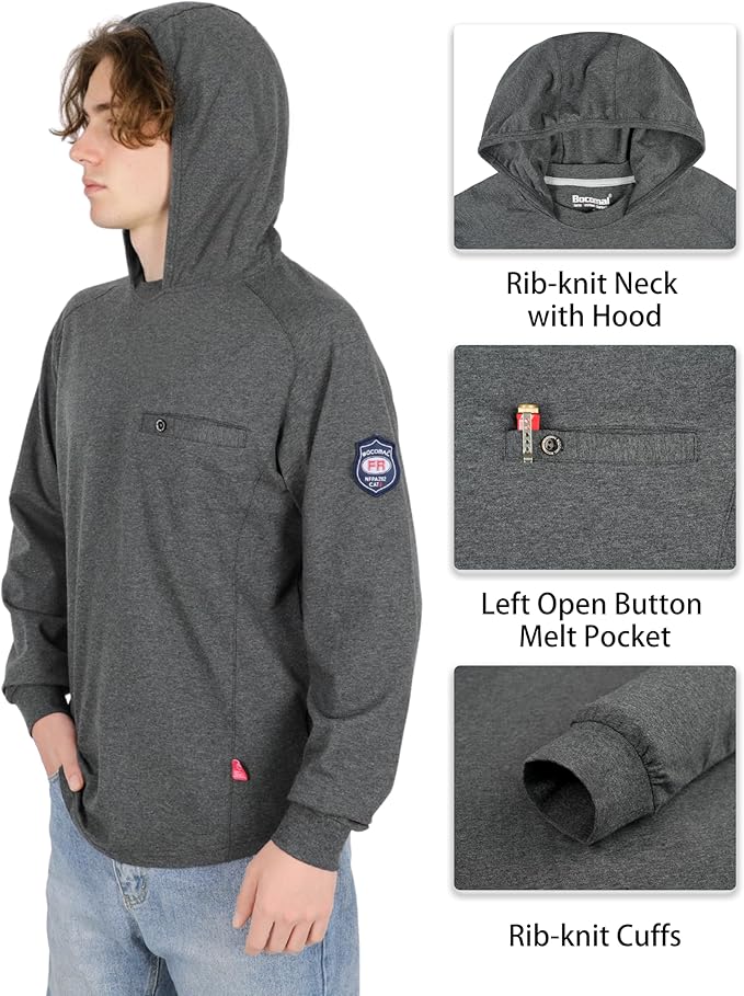 BOCOMAL FR Hooded T Shirts Chest Pocket Fire Resistant Summer Hoodie NFPA2112 CAT2 Flame Retardant FRC Welding Work Shirt