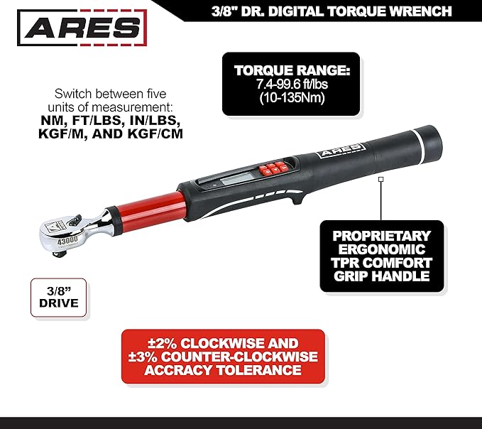 ARES 43000-3/8-Inch Drive Electronic Digital Torque Wrench - 7.4-99.6 ft/lbs (10-135Nm) - Reversible Sealed Head - Multi-Alert System Prevents Over-Torquing