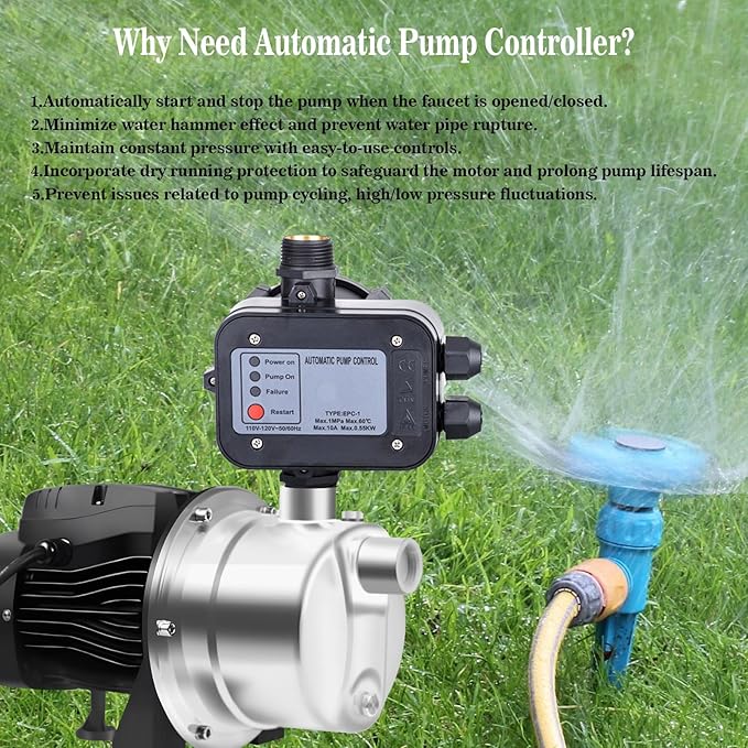 IP65 Automatic Water Pump Controller，Water Pump Pressure Switch Water Flow Sensor Switch Electronic Pump Pressure Regulator for Self-priming Pump，110V-120V~50/60Hz