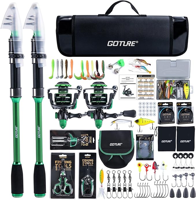 Goture Fishing Poles and Reels Combo - Green Telescoping Fishing Rod Portable Travel Kit with Carrier Bag for Freshwater Saltwater