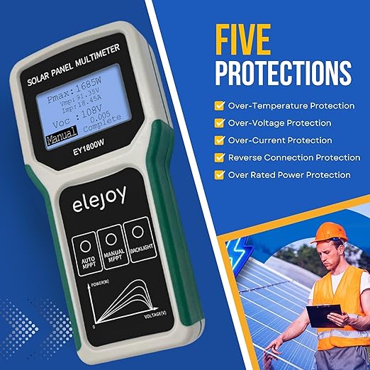 EY1800W Solar Panel Tester Multimeter, DC/AC Solar Panel Watt Meter, Photovoltaic Panel Solar Power Tracker, Auto & Manual MPPT Open Circuit Volt Current Troubleshoot Utility Tool Backlit LCD Display