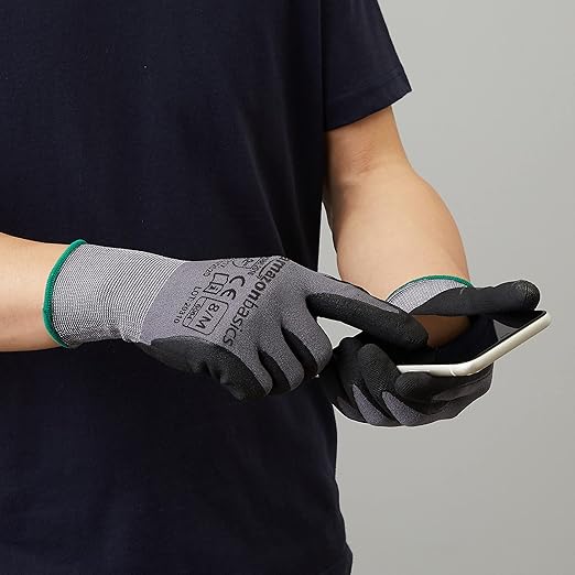 Amazon Basics Micro-Foam Nitrile Coated Safety Work Gloves, Nylon Liner Fiber, Touch Screen Compatible, Grey, Size 8, Medium, 6-Pack
