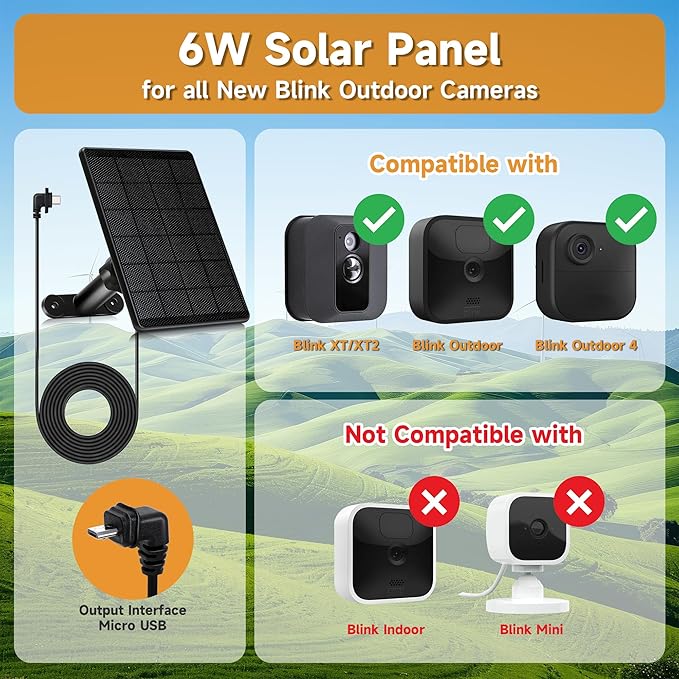 Solar Panel for Blink Outdoor 2K+/4(4th Gen)/Outdoor(3rd Gen) XT3 and XT2/XT Camera,6W Solar Charger for Blink with 360° Adjustable Mount 5.9in to 8.7in,9.84ft Outdoor Power Cable,Waterproof