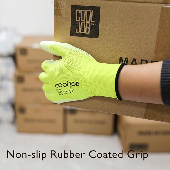 COOLJOB 60 Pairs Safety Work Gloves Pack Bulk with Grip PU Coating, 13 Gauge Seamless Knit Gloves with Polyurethane Dipped for Warehouse Working, Breathable Lightweight for Men Women, Yellow Xlarge