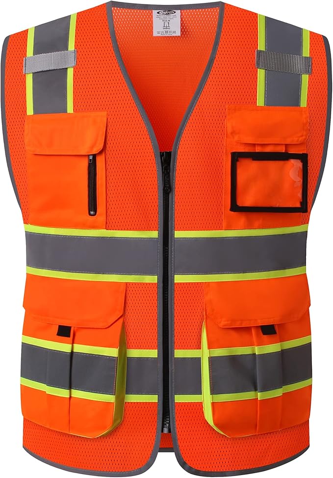 JKSafety 9 Pockets Hi-Vis Mesh Safety Vest for men and women | Chaleco reflectante de seguridad | Zipper Front | Multiple Pockets | Class 2 (140-Orange M)