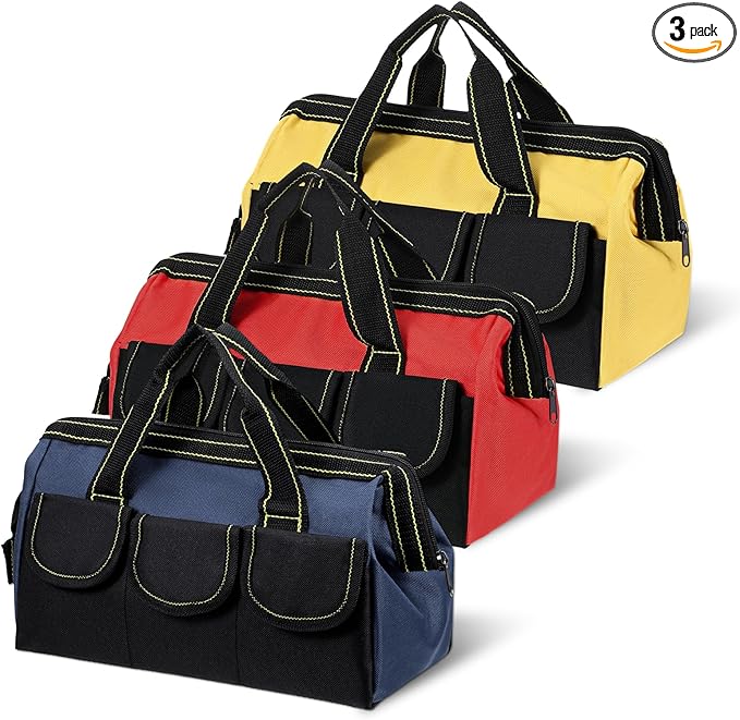 3 Pack Wide Mouth Tool Bag, 13 Inch Waterproof Power Tools Organizer Heavy Duty Drill Bag Electrician Tool Tote for Professionals, Construction Electricians Carpenter and DIY Enthusiasts