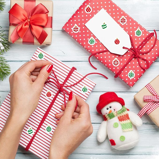 JarThenaAMCS 2400Pcs Mini Christmas Ornament Sticker Red Green Xmas Ball Paper Decal 10 Designs Adhesive Sticker for Winter Planner Envelope Scrapbook Gift DIY Supplies, 0.5 in