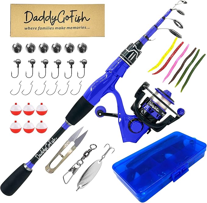 DaddyGoFish Spinning Fishing Rod and Reel Combo Set with Tackle Box | Kids Fishing Pole | Carbon Fiber Telescopic Fishing Rod Kit | Spinning Reel for Travel Saltwater Freshwater Fishing Gear Kit