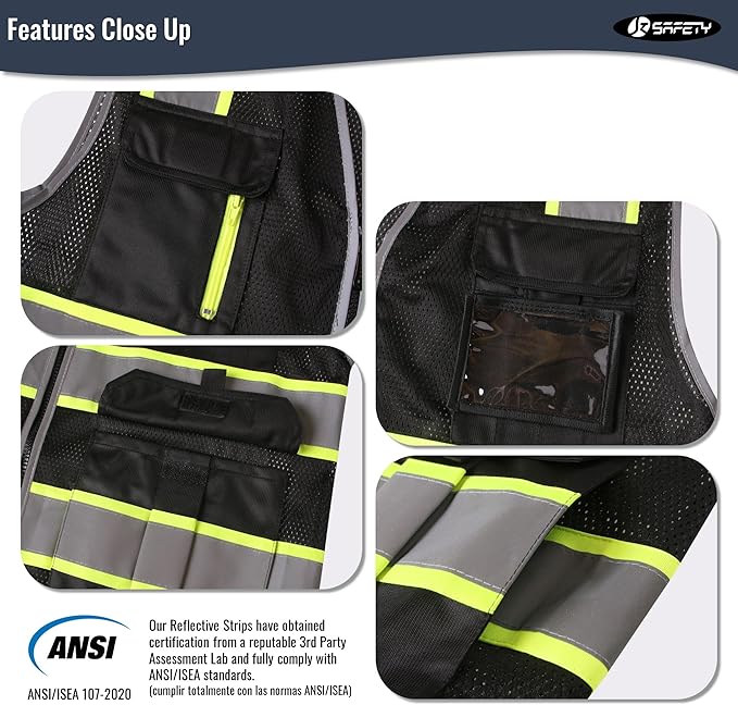 JKSafety 9 Pockets Hi-Vis Mesh Safety Vest for men and women | Chaleco reflectante de seguridad | Zipper Front | Multiple Pockets | Class 1 (140-Black XL)
