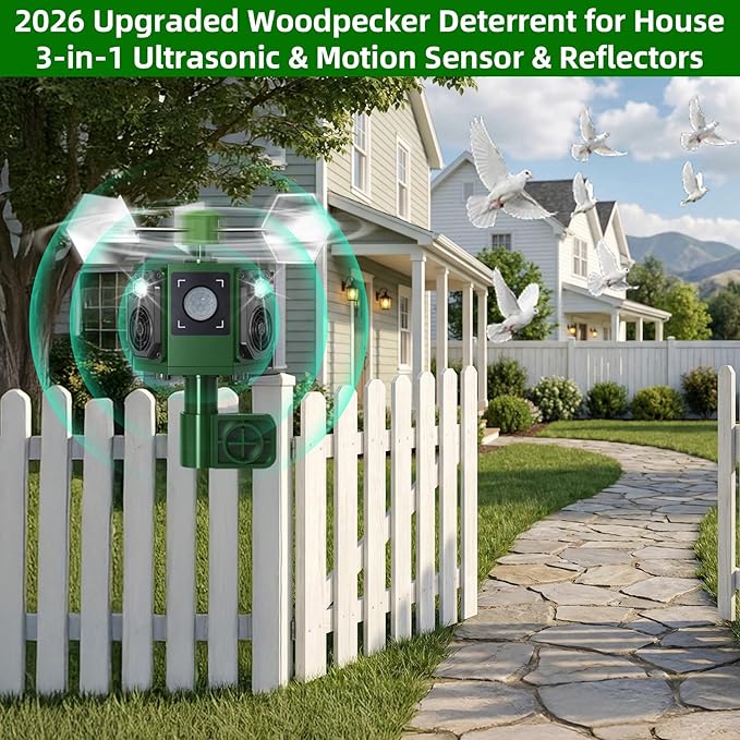 2026 Solar Ultrasonic Bird Repellent Devices Pigeon Repeller Animal Repellent Outdoor with Motion Sensor Flash Light, Reflective Bird Deterrent Spinners to Keep Birds Goose Animal Away from Patio Farm