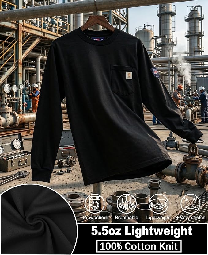 BOCOMAL FR Shirts Lightweight Classic Crew Long Sleeve Fire Resistant Shirt CAT2