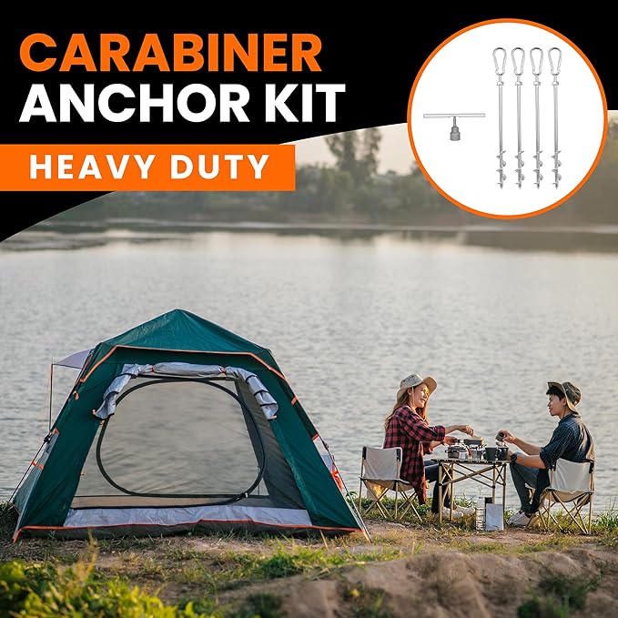 Earth Anchors - Heavy Duty Screw in Ground Stakes with Swing Carabiners - 12" Set of 4 with Drill Bit - Tent Stakes for Camping & Awning Canopy Anchor