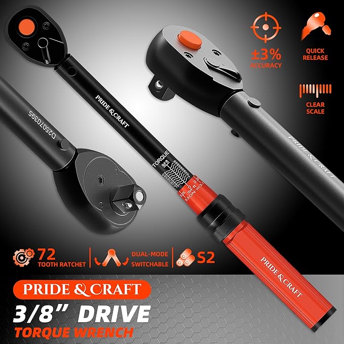 PRIDE&CRAFT 3/8 Inch Drive Click Torque Wrench, 3% High Precision Adjustable Dual Direction, 72-Tooth, 5-50 lbf.ft/6.8-68 Nm Torque Wrench for Bike, Motorcycle and Car Repair, Orange Black