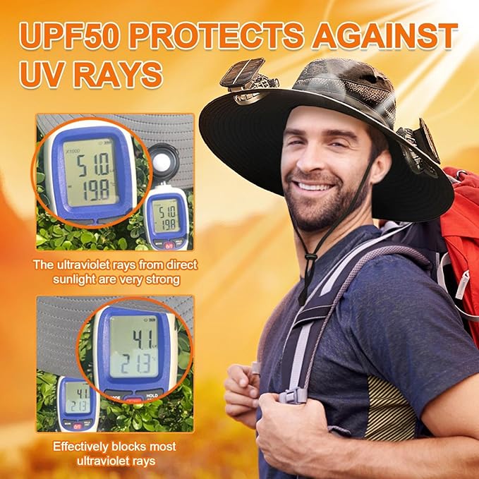 Wide Brim Solar Fan Outdoor Fishing Hat, 2 Solar Fan Hats for Men, Hat with Solar Fans Built in, Fishing Hat with Fan for Men