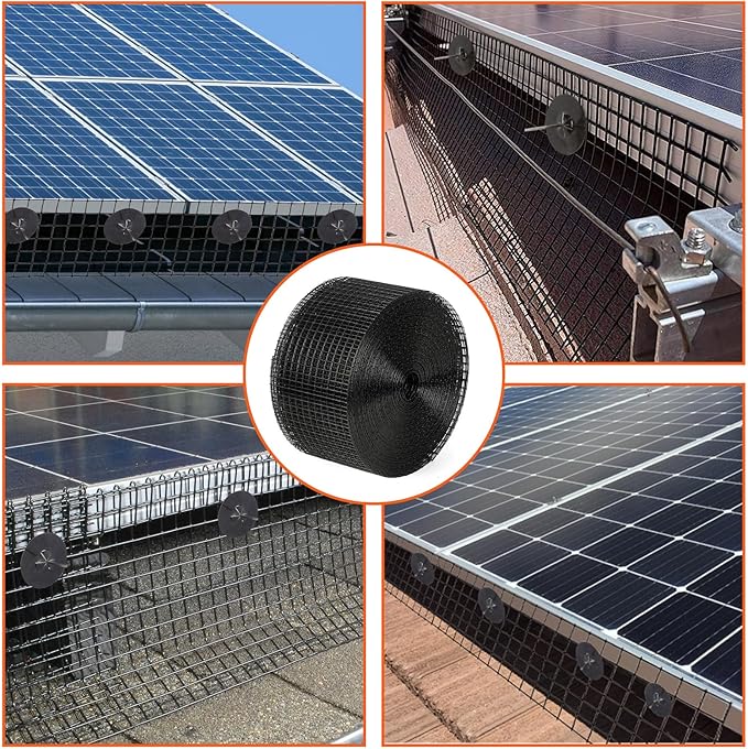 6in x 100ft Solar Panel Bird & Critter Guard Kit, Includes 100 Fastener Clips, 100 Cable Ties, Gloves, Pliers & PVC Coated Wire Mesh for Bird, Critters Control