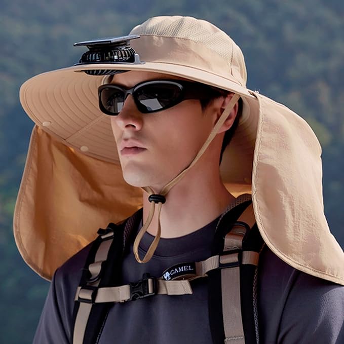 Extra Wide Brim Solar Fan Hat, Mens Fishing Hat with Fan, Neck Flap Sun Hat, UPF 50+ Solar Powered Cooling Cap Fisherman Hats