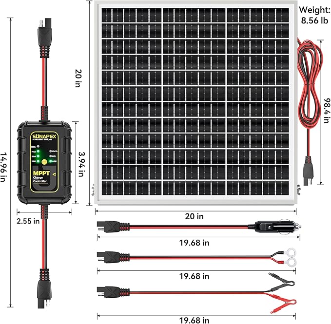 SUNAPEX 50W MPPT Solar Battery Charger Maintainer, 12V Waterproof Solar Panel Trickle Charger with MPPT Controller for Car, Motorcycle, Boat, Marine, RV, Trailer, Tractor,Truck, etc