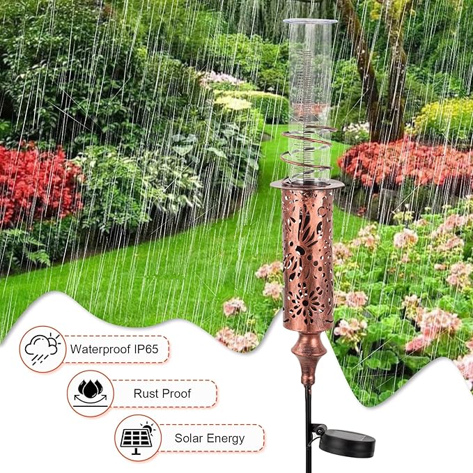 Rain Gauge Outdoor, Solar Rain Gauges for Yard, Freeze Proof Rain Gauge with 7" Plastic Tube, Copper Metal Decorative Garden Stake with Led Light, Brown
