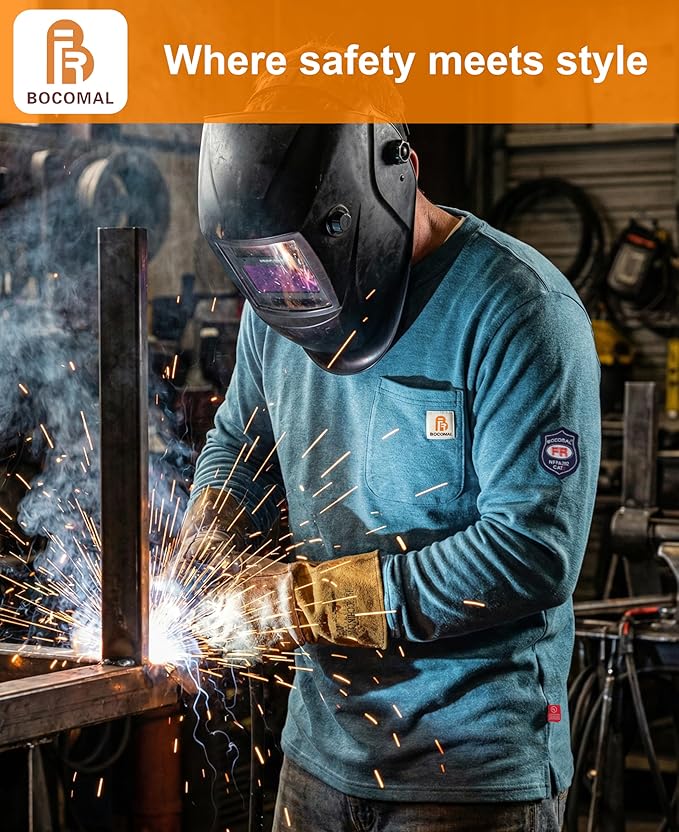 BOCOMAL FR Shirts Crewneck 7oz Midweight Flame Resistant Clothing NFPA2112 CAT2 Men's Fire Retardant Work Shirt