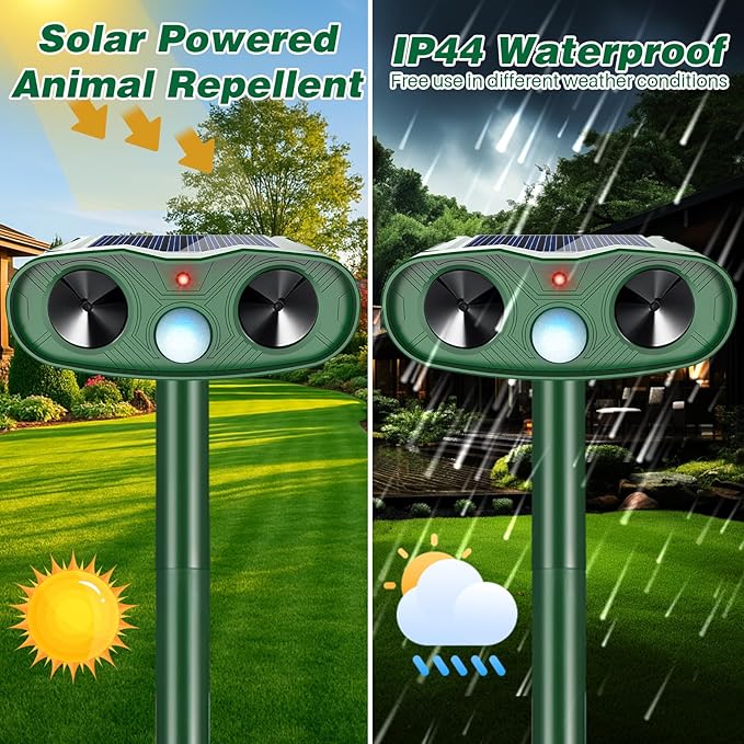 2026 Upgraded Ultrasonic Animal Repellent Outdoor (2 Pack), Solar Powered Animal Repeller with Motion Sensor, Effective Cat Deterrent and Deer Repellent for Yard, Garden, Squirrel & Dog Deterrent