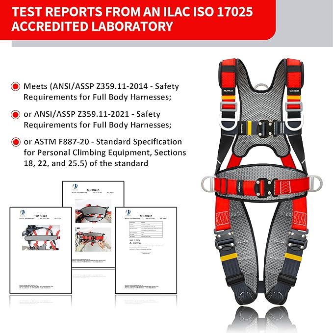 Fall Protection Safety Full Body Harness 5pt Adjustment Safe Comfortable Construction Positioning Harness Extra Long Thick Leg Back Padded Push-Button Quick-Lock Buckles OSHA and ANSI compliant