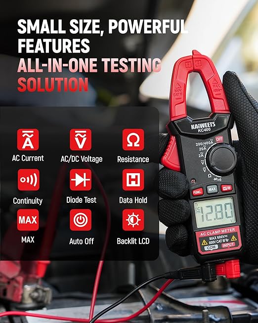 KAIWEETS Digital Clamp Meter, Portable Size, 2000 Counts, Measures High AC Current 400A, 600V AC/DC Voltage, Resistance, Continuity, Diode, Auto Ranging Multimter, Voltage Tester, KC400
