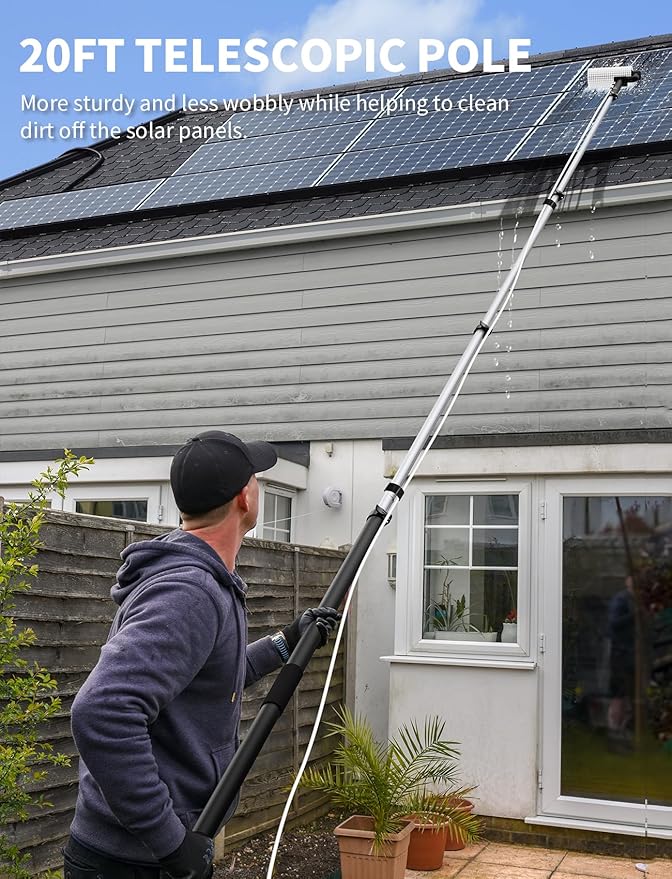 Solar Panel Cleaning Brush and Pole, 20FT Electric Cleaning Roller Brush with Telescopic Water Fed Pole, 100Mins Runtime, 2 Spin Speeds, Outdoor Window Cleaning System for Solar Panel, Window, Roof