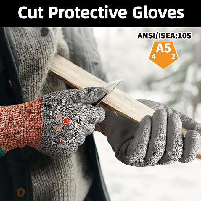 Schwer 12 Pairs Winter Work Gloves, ANSI A5 Cut Resistant Gloves with PU Coating, Freezer Glove for Outdoor Cold Weather, Thermal Insulated, Non Slip, Durable, XL, CR3088-W