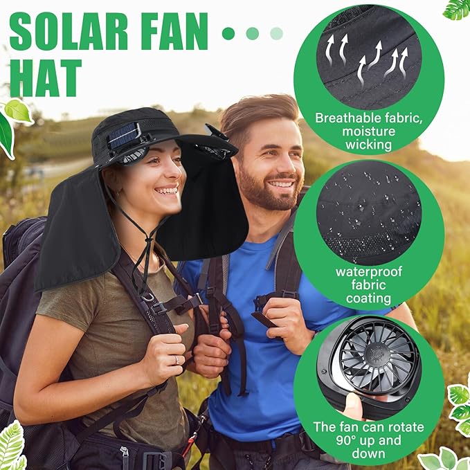 Chuarry Wide Brim Sun Hat with 2 Fan Outdoor Solar Powered USB Charging Fishing Hat with Neck Flap for Men Women