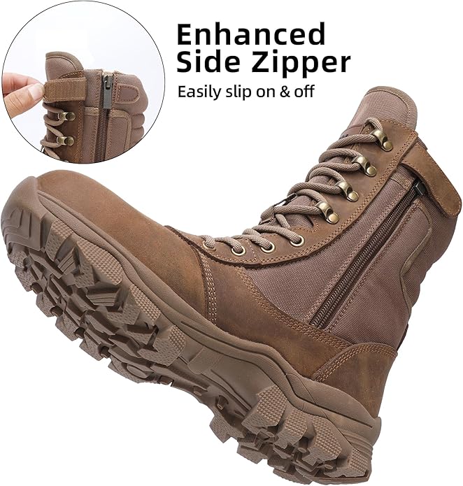 DahWe Men's Steel Toe Work Boots with Side Zipper 8 inch Lightweight Comfortable Indestructible Puncture Proof for Industrial Construction Warehouse Roofing Logger Riding Safety