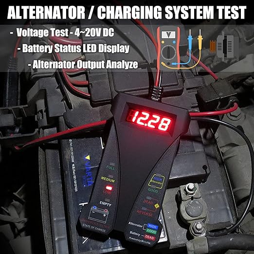 MOTOPOWER MP0514A 12V Digital Car Battery Tester Voltmeter and Charging System Analyzer with LCD Display and LED Indication - Black Rubber Paint