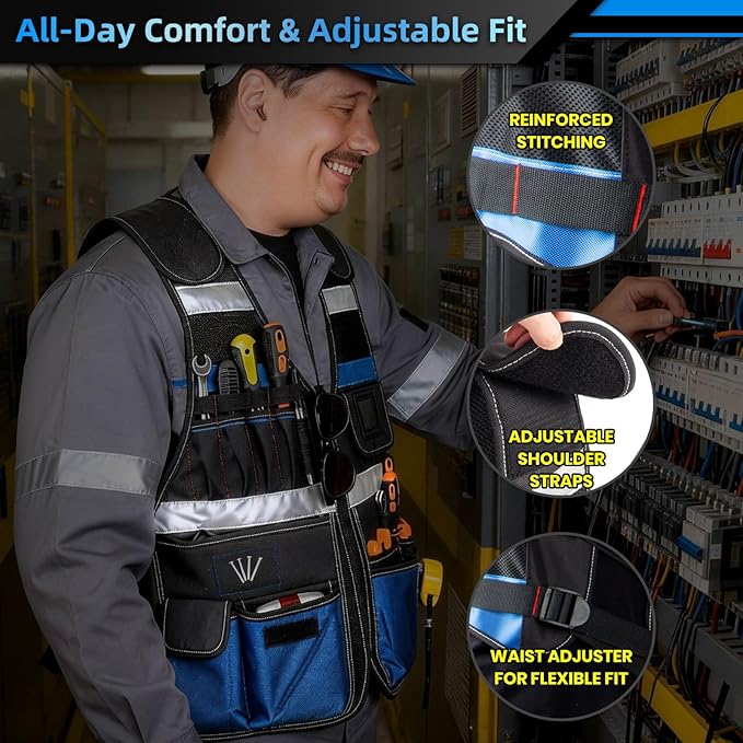 Electrician Tool Vest, Tool Vest for Men, Tool Vest Electrician with Drill Holster, 17 Storage Spaces, 1680D Heavy Duty Adjustable Work Vest with Reflective Strips, Blue
