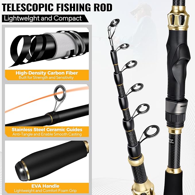 PLUSINNO Fishing Rod and Reel Combo,Fishing Pole,Telescopic Fishing Rod Kit with Spinning Reel, Telescopic Fishing Pole with Carrier Bag for Freshwater Saltwater for Men Women