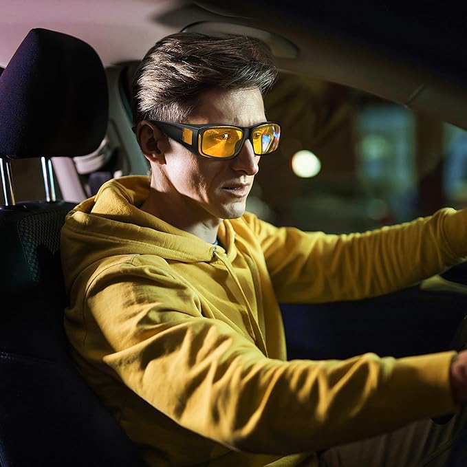 URUMQI Night Vision Driving Glasses Fit Over Eyeglasses for Men Women, Anti Glare Polarized Nighttime Glasses Yellow Lens