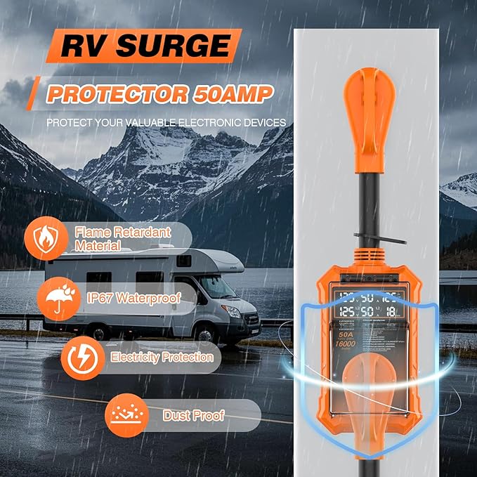 RV Surge Protector 50 Amp, 16000 Joules Protection, Automatic Over/Under Voltage & Temperature Shutoff, 6-in-1 Smart Display for RV Safety, UL Certified, Compatible with Campers, Travel Trailers
